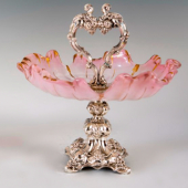 Ezüst antik bécsi asztalközép rózsaszínüveggel